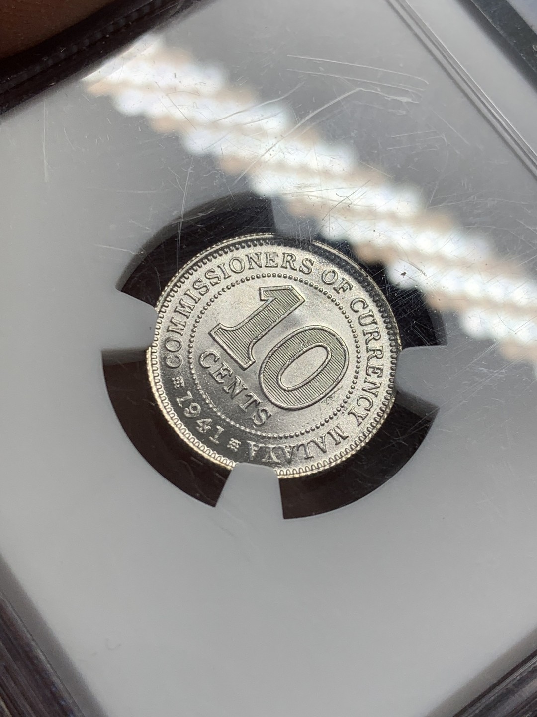 《竞宝斋》第141场-周日，周一 2场 (全场包邮) NGC-MS64 英属马来亚 1941年 10分 乔治六世 银币 原光 难得高分