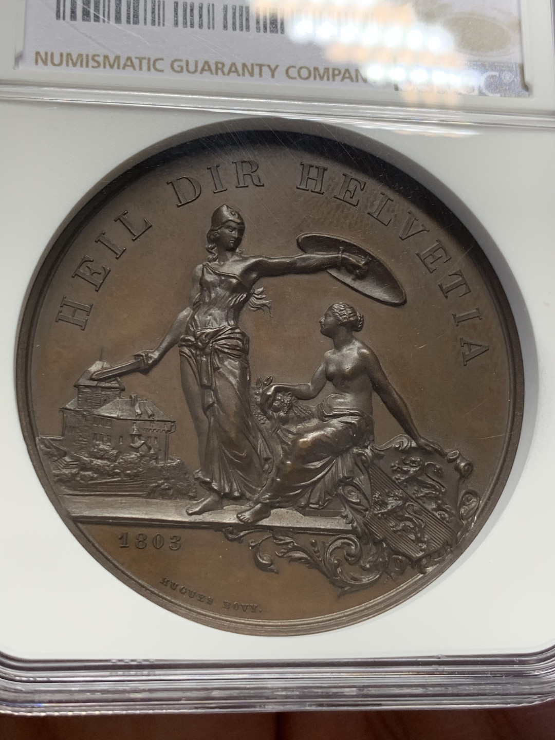 《竞宝斋》第141场-周日，周一 2场 (全场包邮) NGC MS64 1890年瑞士弗劳恩菲尔德射击节铜章 美女与野兽 双面超高浮雕 顶级品相状态