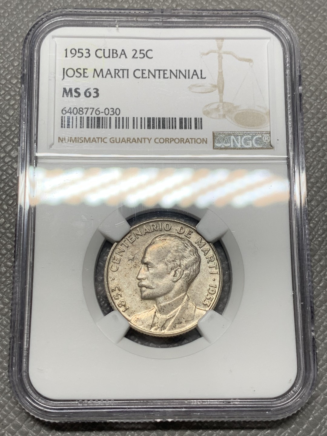 《竞宝斋》第141场-周日，周一 2场 (全场包邮) NGC-MS63 古巴1953年 马丁纪念 25分银币 顶级品相 古巴系现在都涨的很多