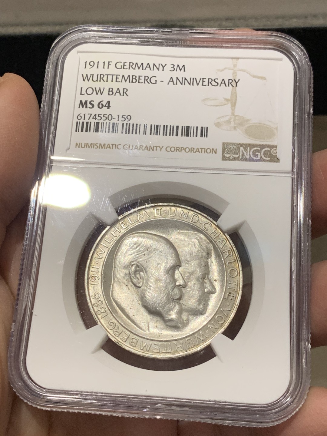 《竞宝斋》第141场-周日，周一 2场 (全场包邮) NGC-MS64 德国 1911年 3马克 银币 符腾堡 金婚纪念银币 光泽迷人 高分难得 底板细节都完美无瑕