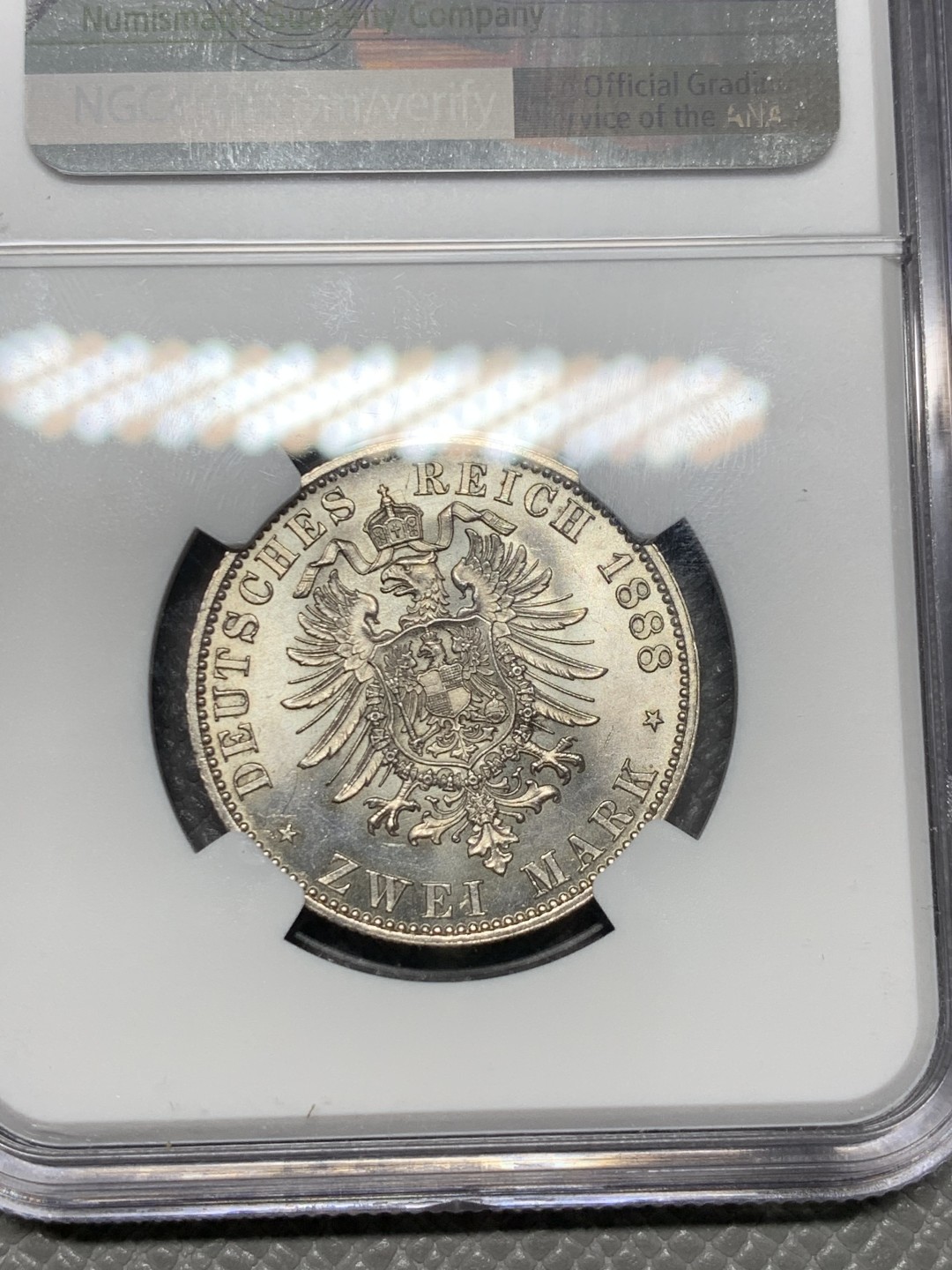 《竞宝斋》第141场-周日，周一 2场 (全场包邮) NGC MS62 德国普鲁士1888年 三皇之年2马克银币 大热品种