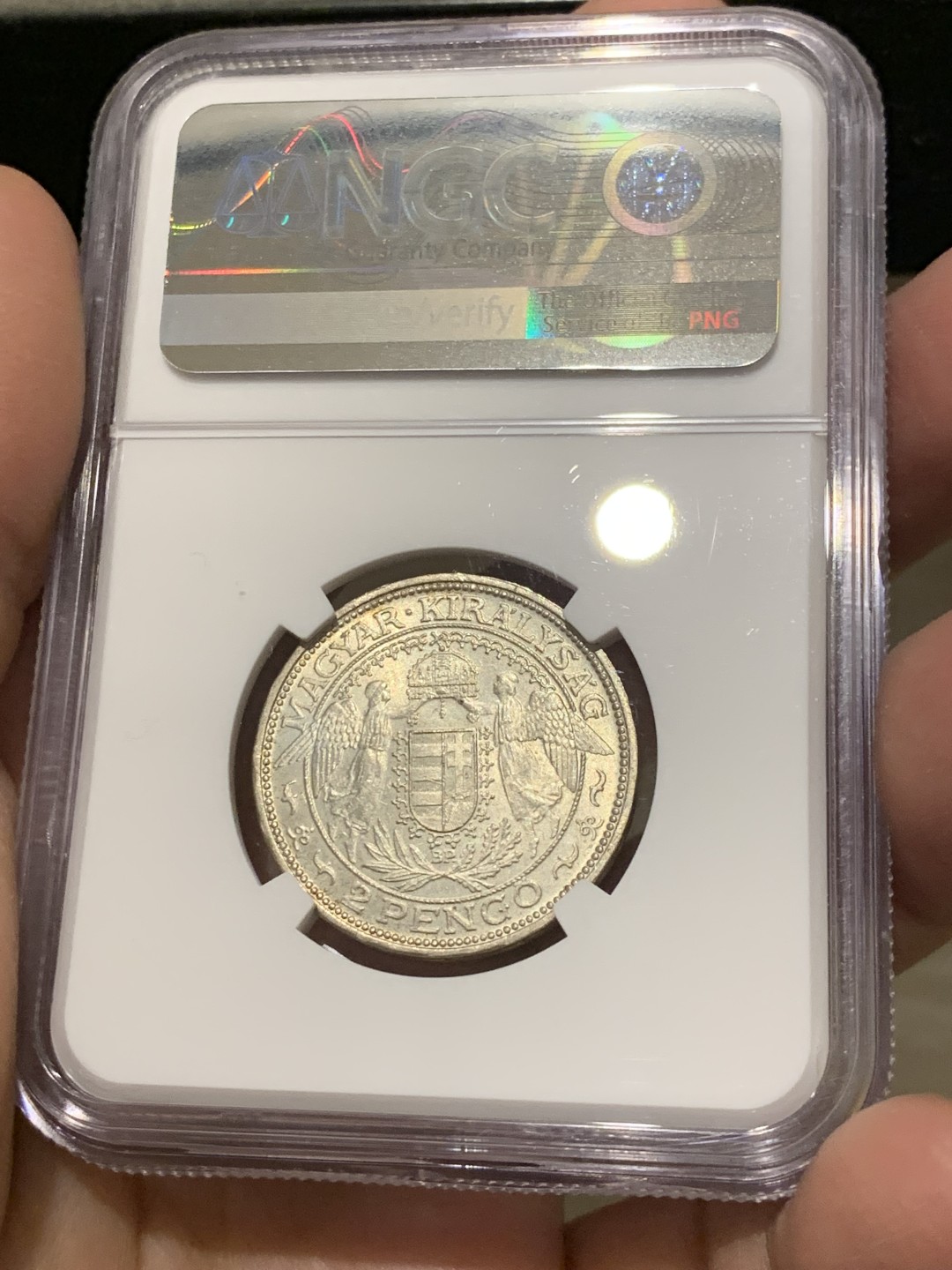 《竞宝斋》第141场-周日，周一 2场 (全场包邮) NGC-MS64 匈牙利1929年圣母抱婴双天使2潘果银币 少见高分