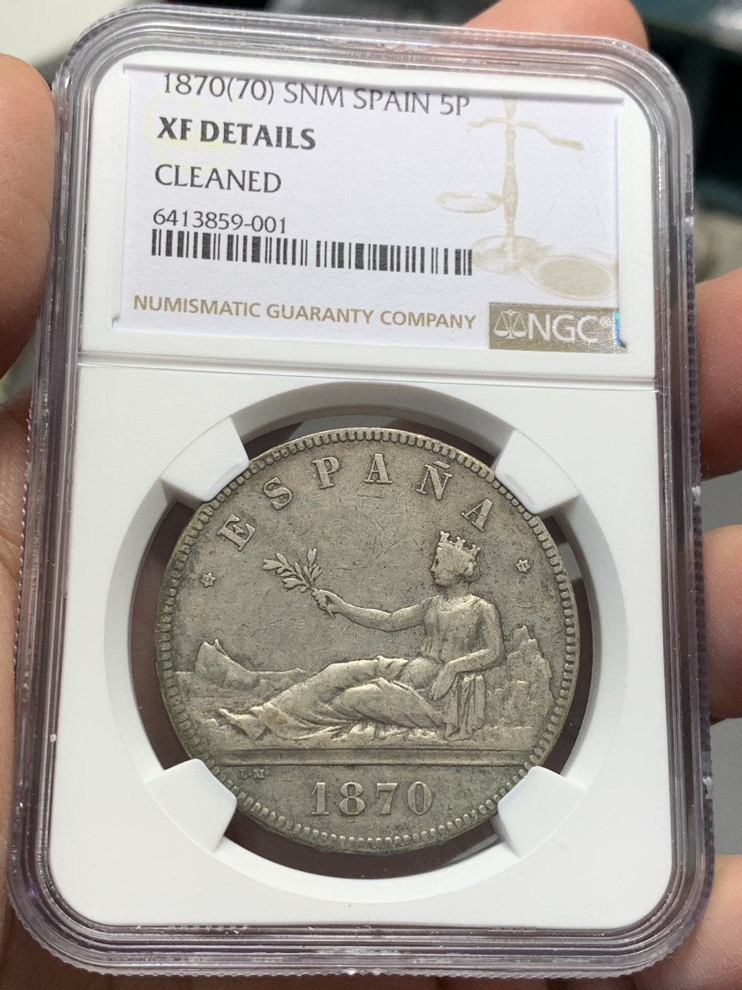 《竞宝斋》第141场-周日，周一 2场 (全场包邮) NGC-XF 西班牙1870年 坐人拿花 5比塞塔 双柱大银币