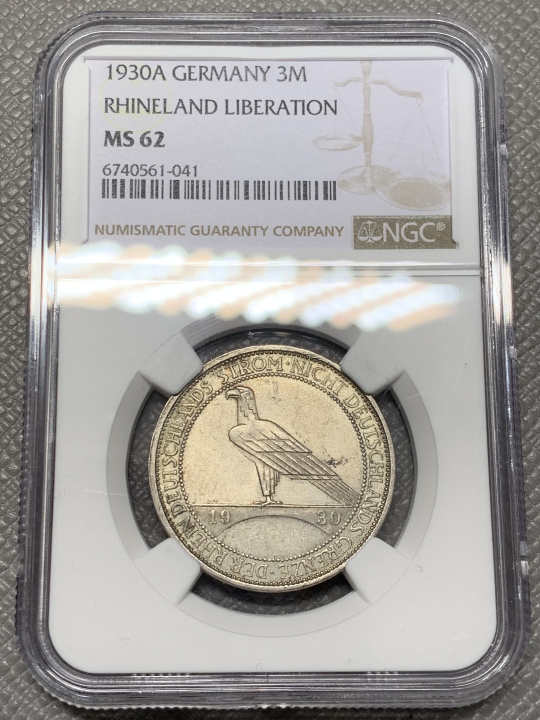 《竞宝斋》第141场-周日，周一 2场 (全场包邮) NGC-MS62 魏玛德国1930年莱茵解放 鹰桥3马克纪念银币