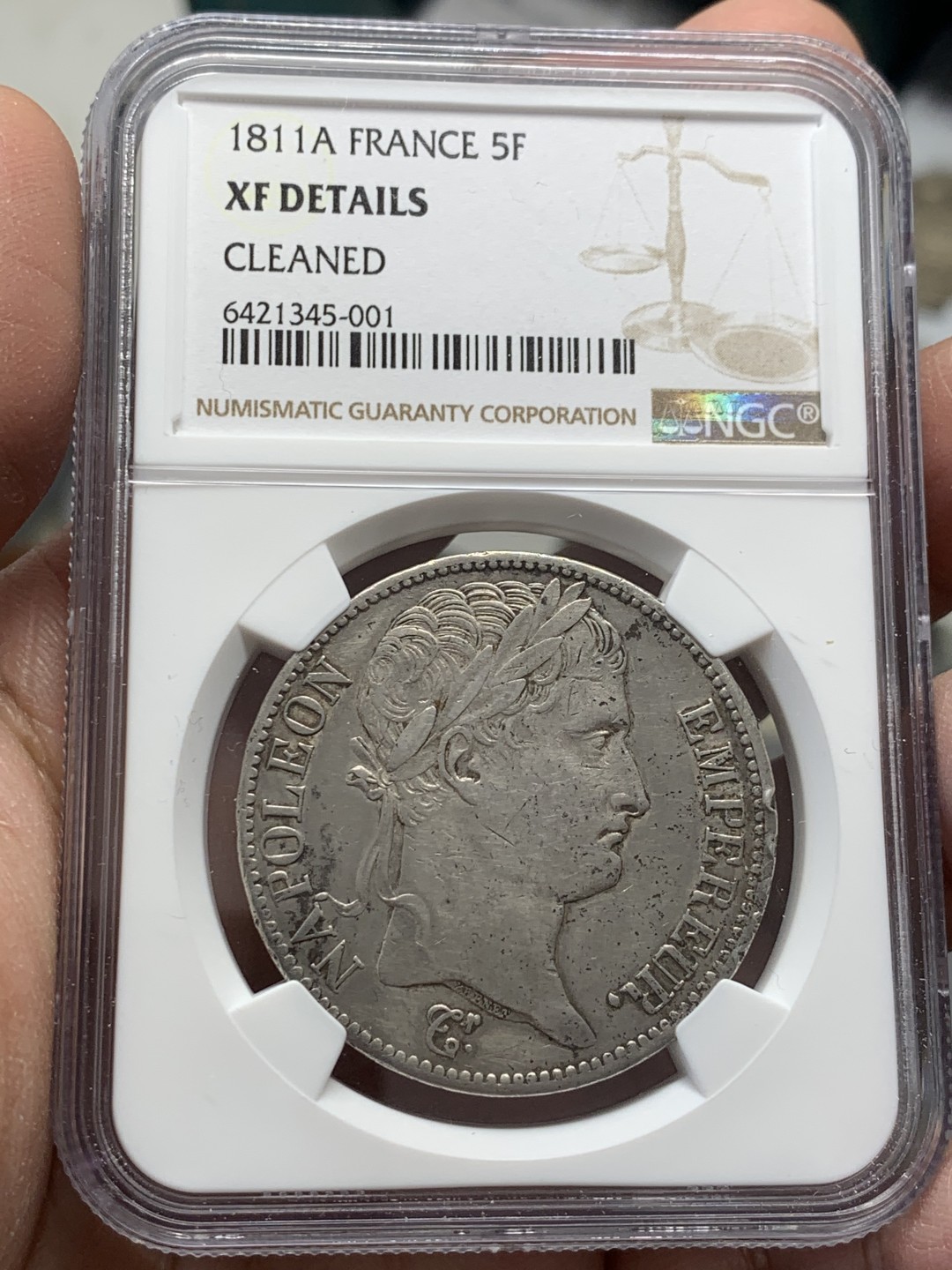 《竞宝斋》第141场-周日，周一 2场 (全场包邮) NGC XF 1811年A法国巴黎厂拿破仑一世5法郎银币 热门品种 品相可以 清洗但磨损不大