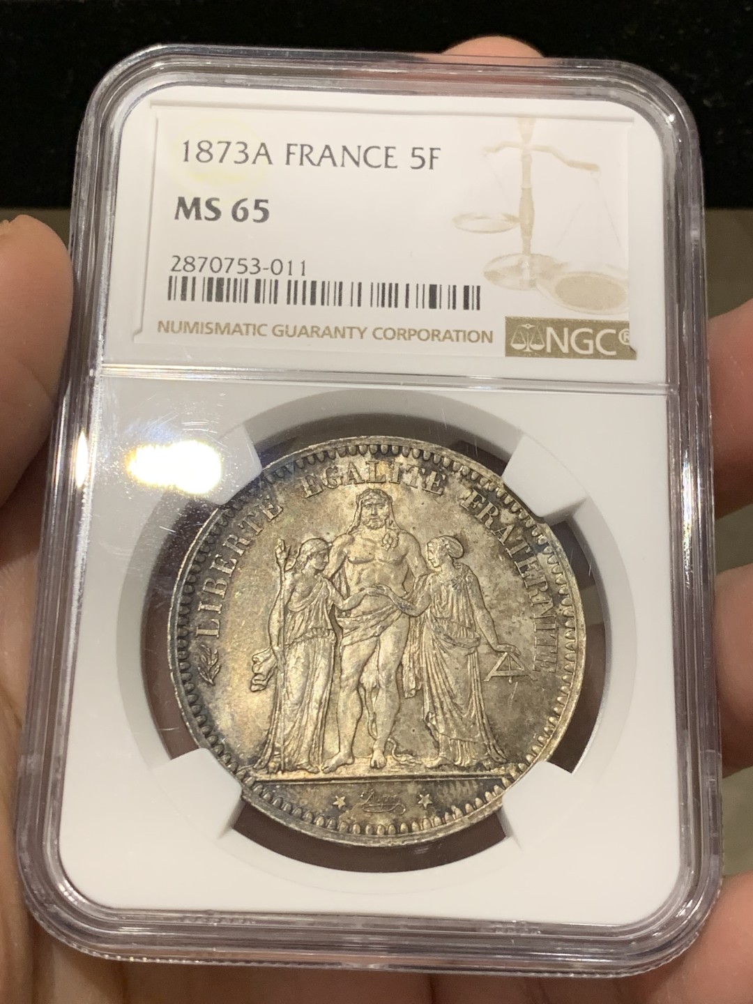《竞宝斋》第141场-周日，周一 2场 (全场包邮) NGC-MS65 法国 1873A 大力神 5法郎 银币 深彩包浆 状态出色  已经可以媲美 20世纪大力神的状态了