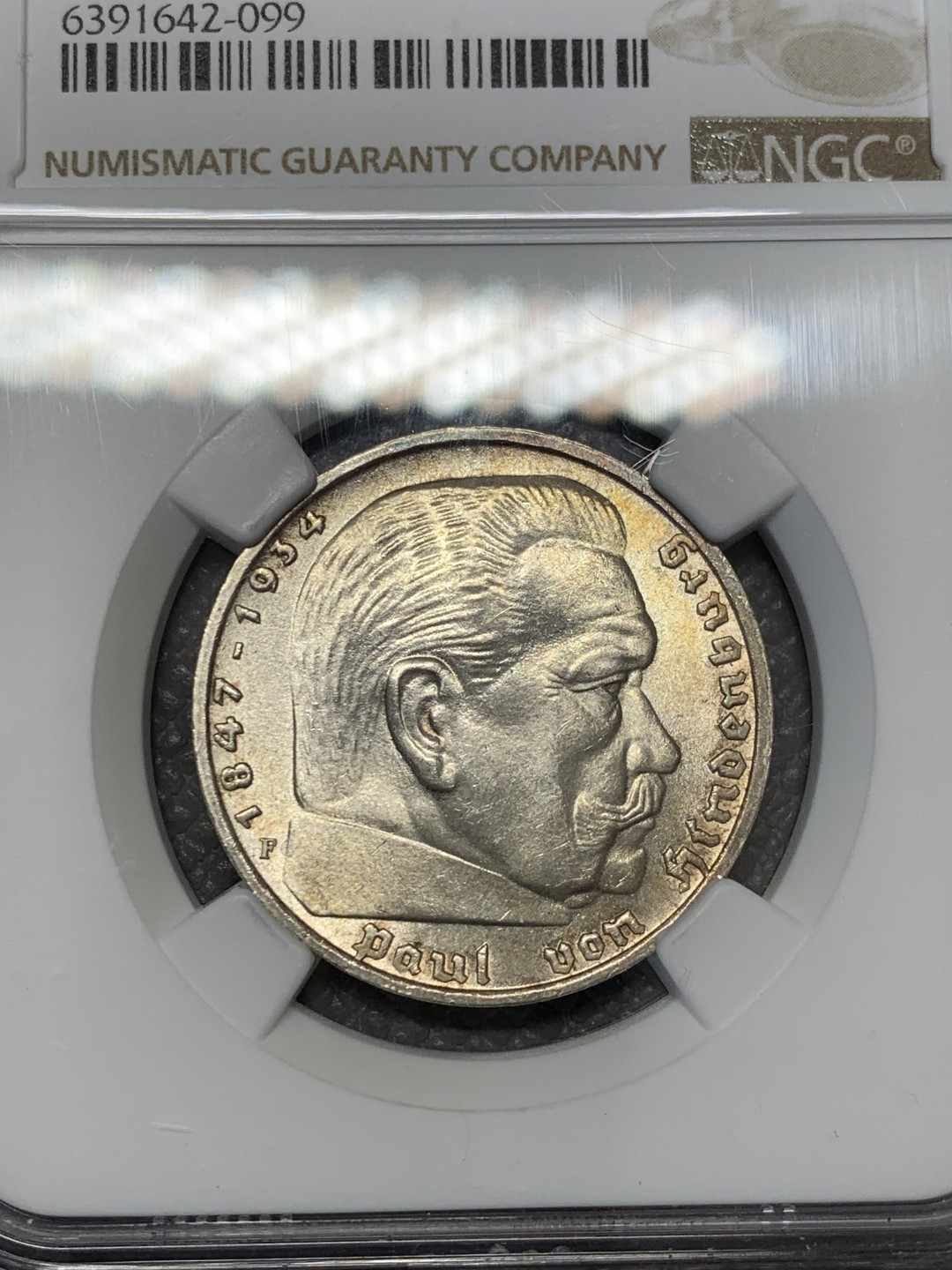 《竞宝斋》第141场-周日，周一 2场 (全场包邮) NGC MS64 德国 1936 兴登堡 5马克 银币 高等级分数 状态一流