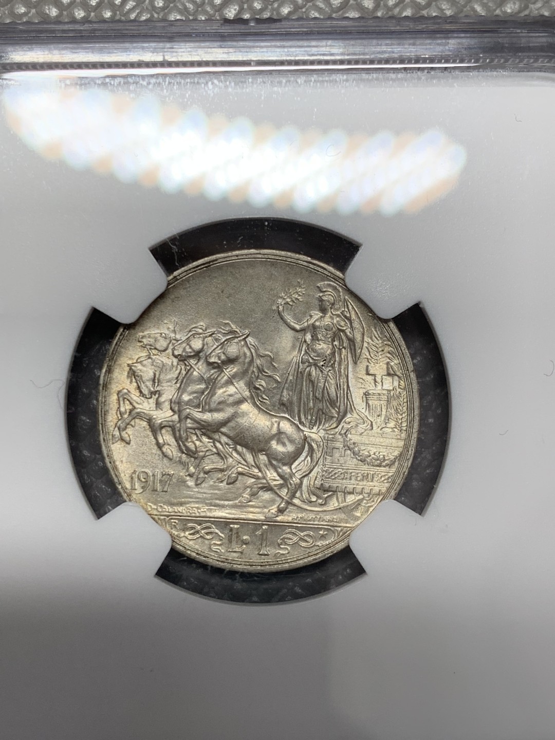 《竞宝斋》第141场-周日，周一 2场 (全场包邮) NGC MS63 意大利 1917年 马车1里拉 银币 状态好转光明显