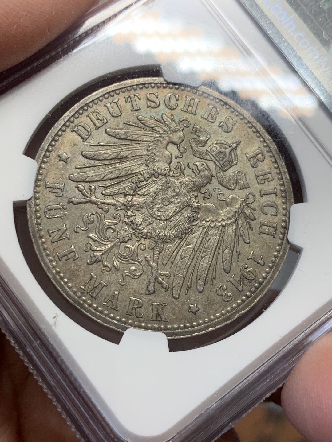 《竞宝斋》第141场-周日，周一 2场 (全场包邮) NGC-AU58 德国汉堡 1908年 双狮盾牌5马克大银币 细节一流 个人看就是低评了