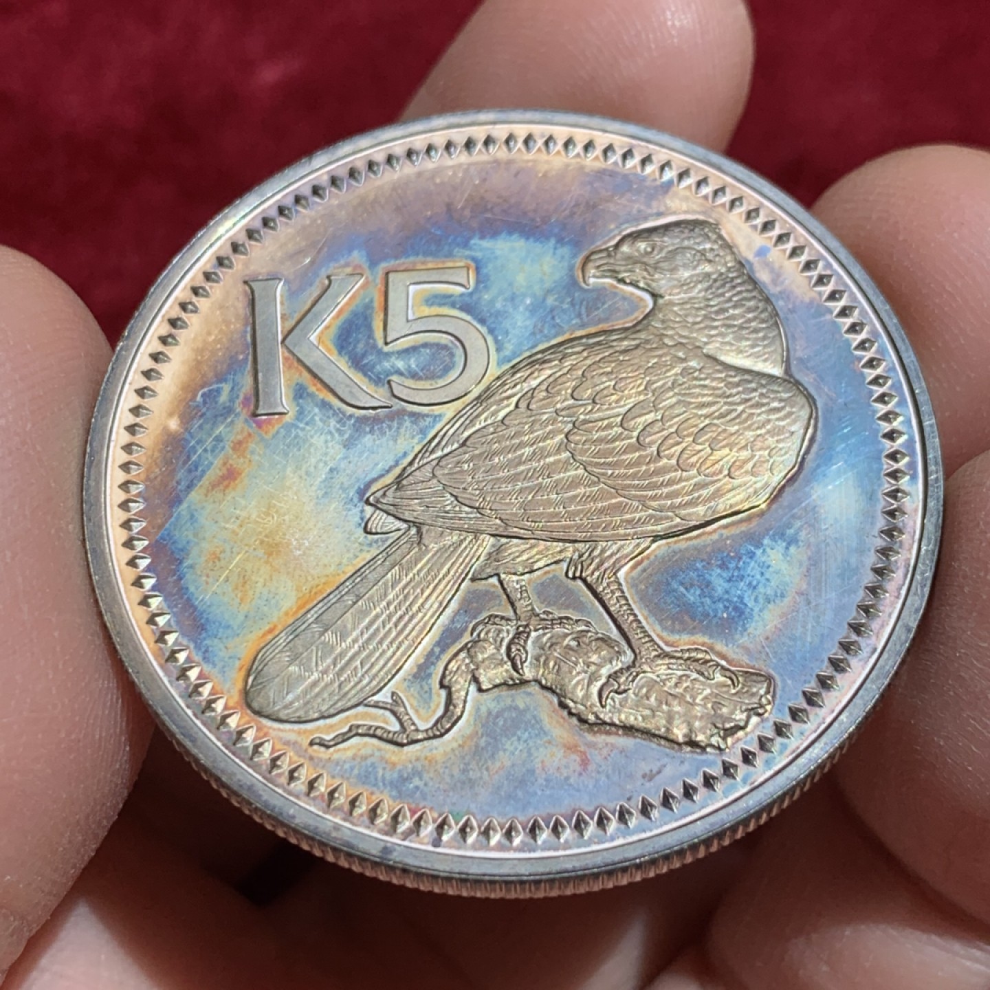 《竞宝斋》第141场-周日，周一 2场 (全场包邮) 巴布亚新几内亚 1975年 5元安第斯鹰精制银币包浆好品