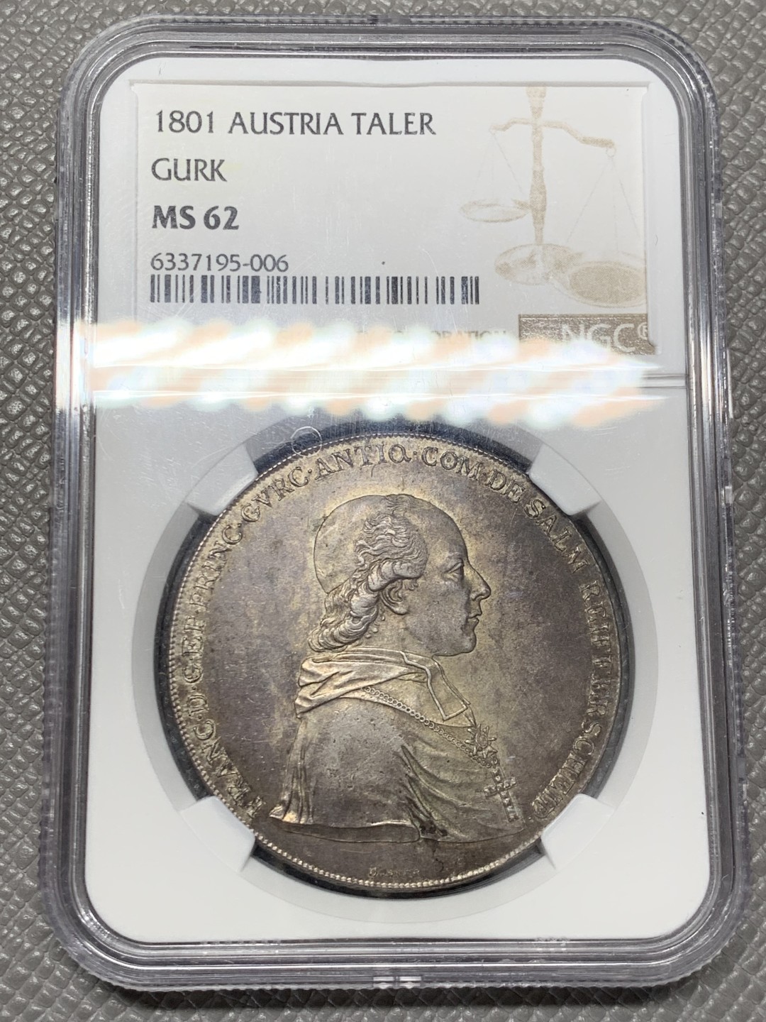 《竞宝斋》第141场-周日，周一 2场 (全场包邮) NGC-MS62 奥地利GURK 1801年 1泰勒银币 较少见单年品种 老包浆均匀