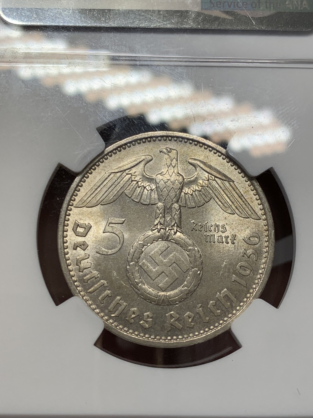 《竞宝斋》第141场-周日，周一 2场 (全场包邮) NGC MS64 德国 1936 兴登堡 5马克 银币 高等级分数 状态一流