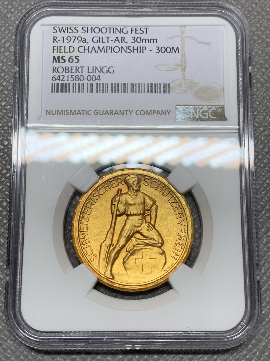 《竞宝斋》第141场-周日，周一 2场 (全场包邮) NGC MS65 1920-30年瑞士射击节镀金银章 金层饱满 实物漂亮