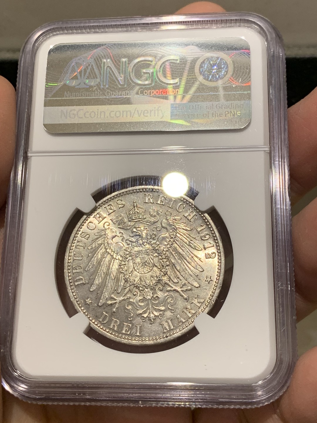 《竞宝斋》第141场-周日，周一 2场 (全场包邮) NGC-MS64 德国 1912年 3马克 银币 普鲁士流通版威廉二世大头3马克银币 淡金色包浆 顶级状态高分越来越少见