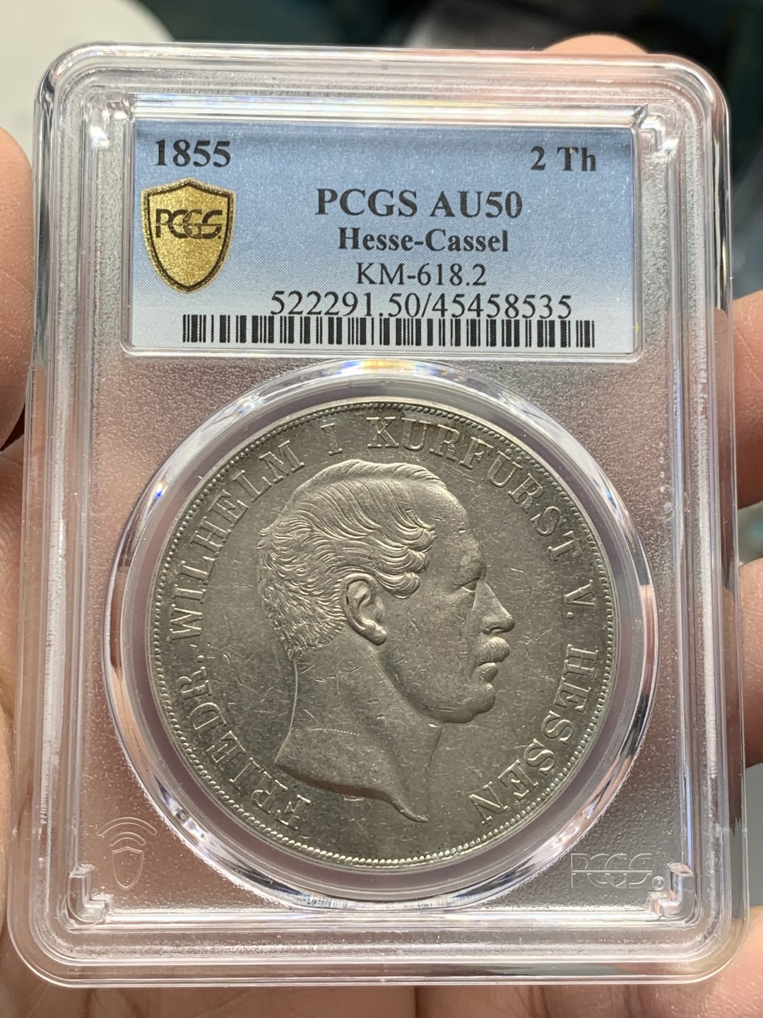 《竞宝斋》第141场-周日，周一 2场 (全场包邮) PCGS AU-50 德国 1855年 黑森卡塞尔  2泰勒大银币 大窗帘  难得