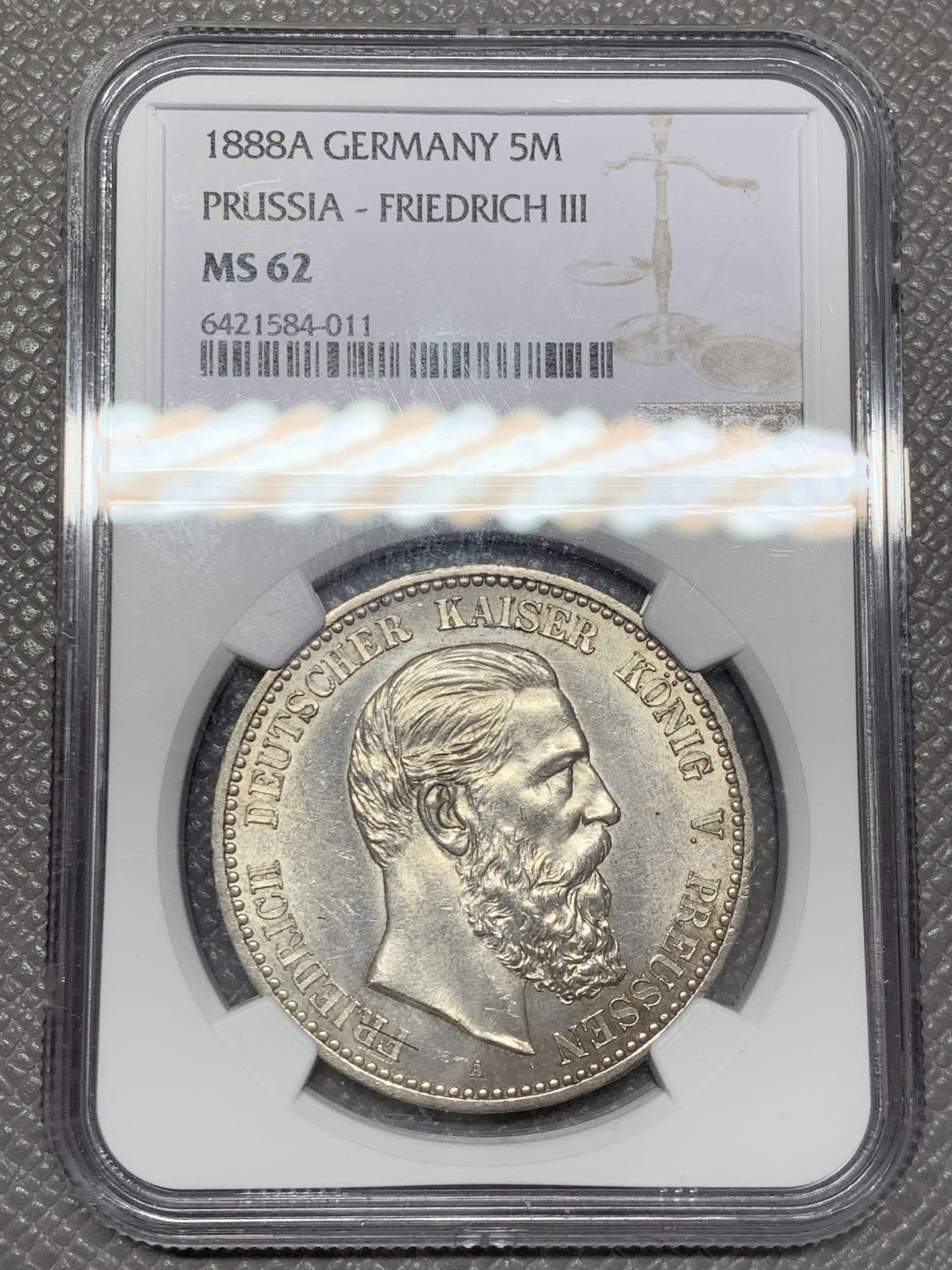 《竞宝斋》第141场-周日，周一 2场 (全场包邮) NGC MS62 德国普鲁士1888年5马克银币，百日皇帝弗里德里希三世，三皇年名誉品，人物雕像栩栩如生