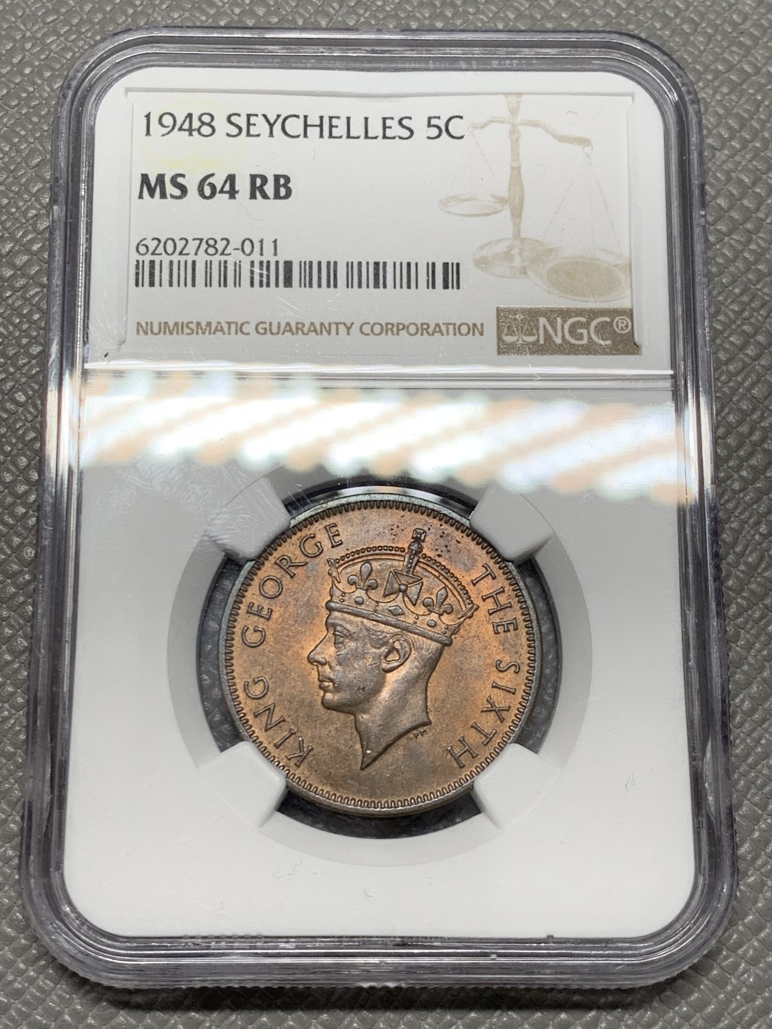 《竞宝斋》第141场-周日，周一 2场 (全场包邮) NGC MS64RB 塞舌尔1948年乔治六世5分铜币