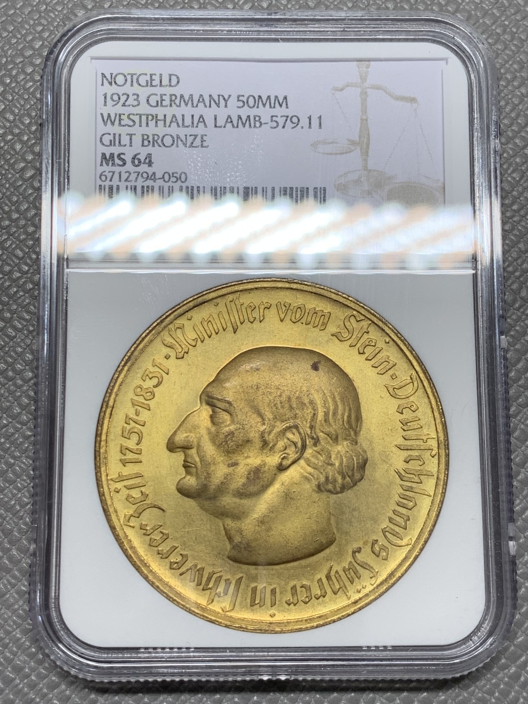 《竞宝斋》第141场-周日，周一 2场 (全场包邮) NGC-MS64 5000万马克！德国威斯特伐利亚1923年5000万马克马币镀金币 厚重压手 金光闪闪