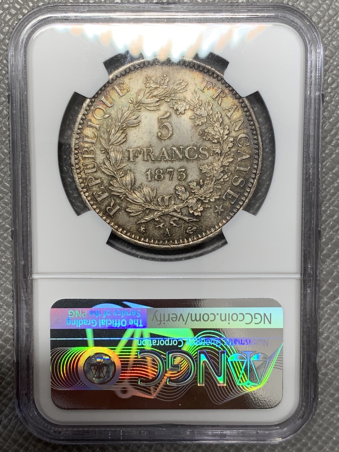 《竞宝斋》第141场-周日，周一 2场 (全场包邮) NGC-MS65 法国 1873A 大力神 5法郎 银币 深彩包浆 状态出色  已经可以媲美 20世纪大力神的状态了