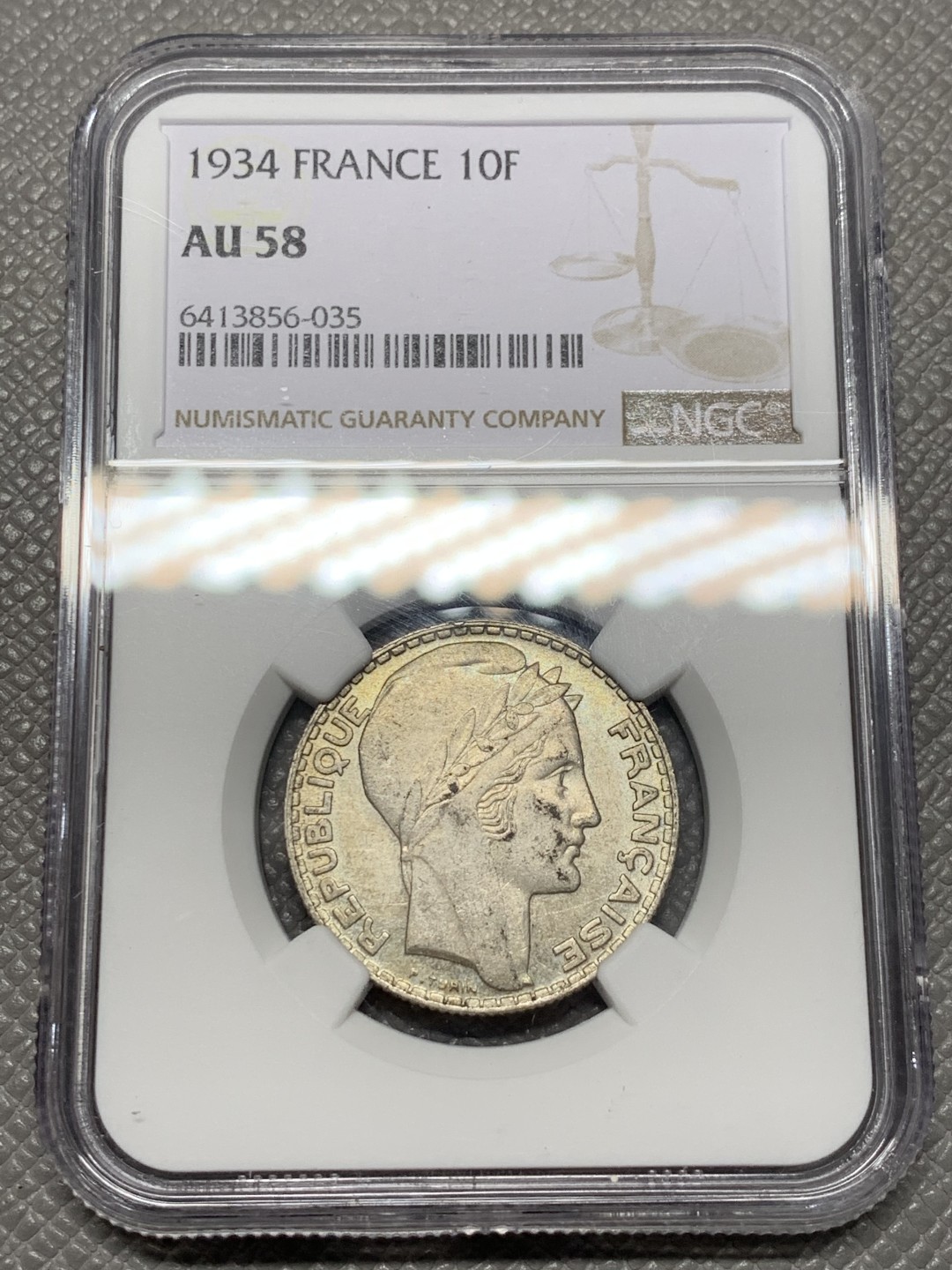 《竞宝斋》第141场-周日，周一 2场 (全场包邮) NGC-AU58 法国1934年 谷物女神10法郎银币 少见好品