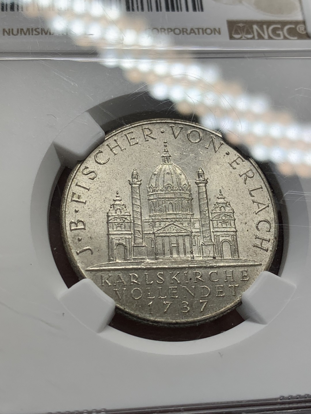 《竞宝斋》第141场-周日，周一 2场 (全场包邮) NGC-MS63 奥地利 1937年 2先令 圣查尔斯教堂 银币 原光 难得高分