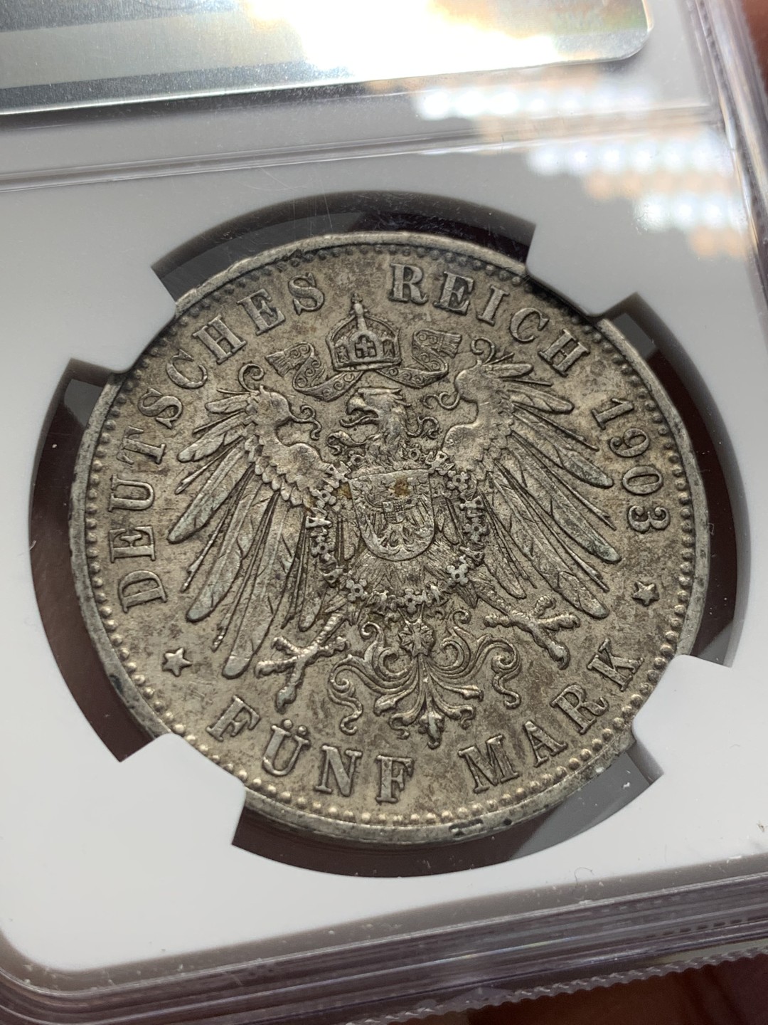 《竞宝斋》第141场-周日，周一 2场 (全场包邮) NGC-AU53 德国符腾堡 1903年 威廉二世大胡子 5马克银币 出分难的品种 这样的分也是排进前十的