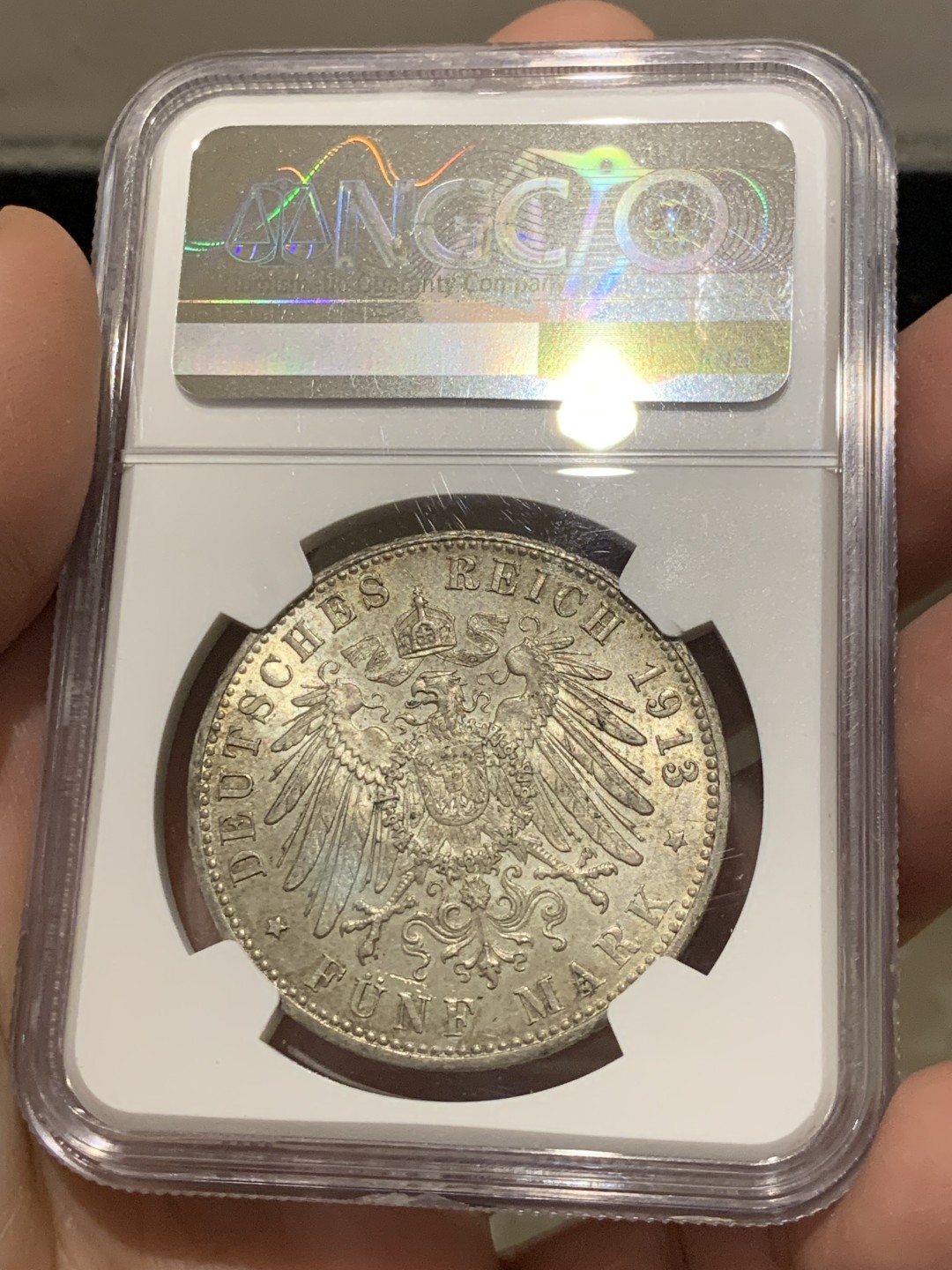 《竞宝斋》第141场-周日，周一 2场 (全场包邮) NGC MS-62 德国巴伐利亚 1913年 奥托流通版5马克 少见好品 严评