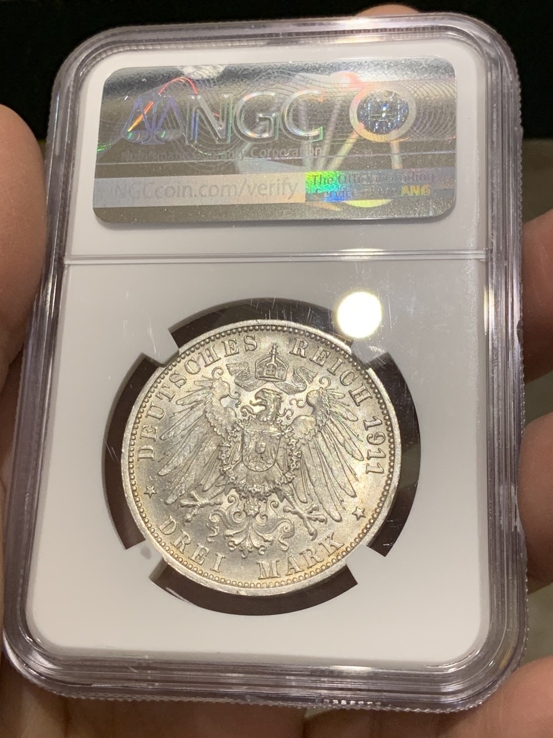 《竞宝斋》第141场-周日，周一 2场 (全场包邮) NGC-MS64 德国 1911年 3马克 银币 符腾堡 金婚纪念银币 光泽迷人 高分难得 底板细节都完美无瑕