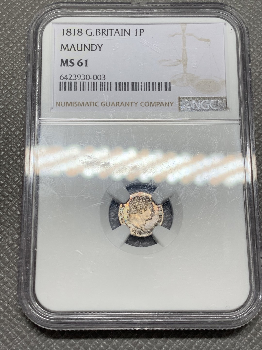 《竞宝斋》第141场-周日，周一 2场 (全场包邮) NGC MS61英国 1818年 一便士 乔治三世灌足银币，币面带银霜，品种难得包浆好