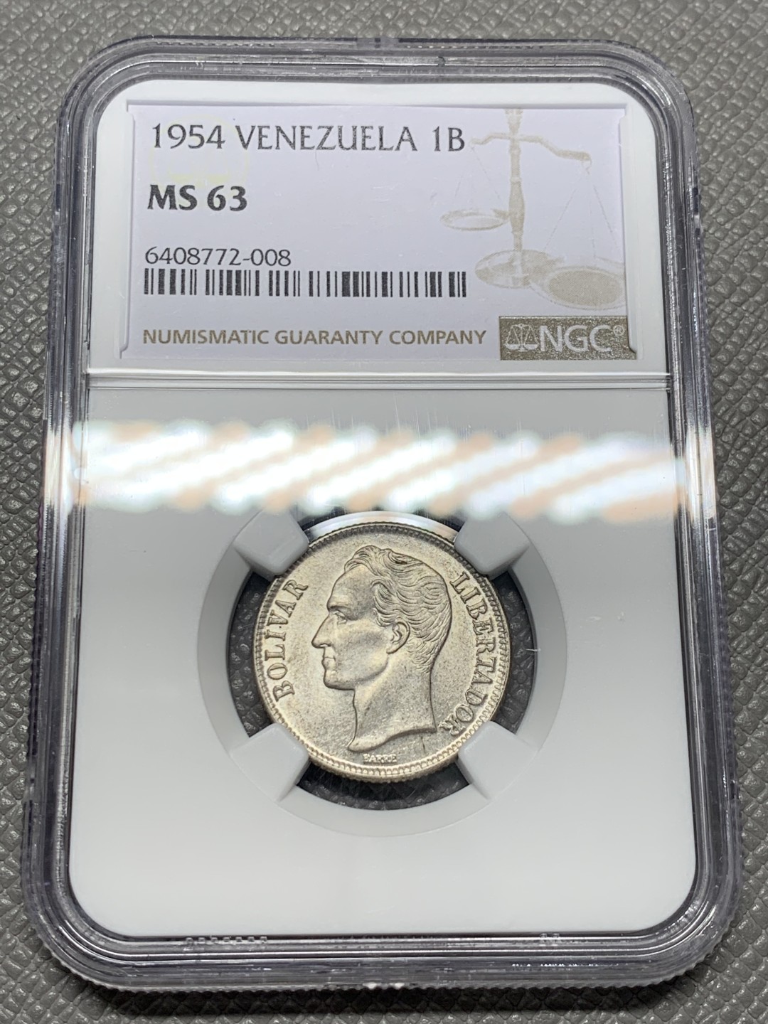 《竞宝斋》第141场-周日，周一 2场 (全场包邮) NGC-MS63 委内瑞拉1954年 1波利瓦银币 原光好品 顶级品相