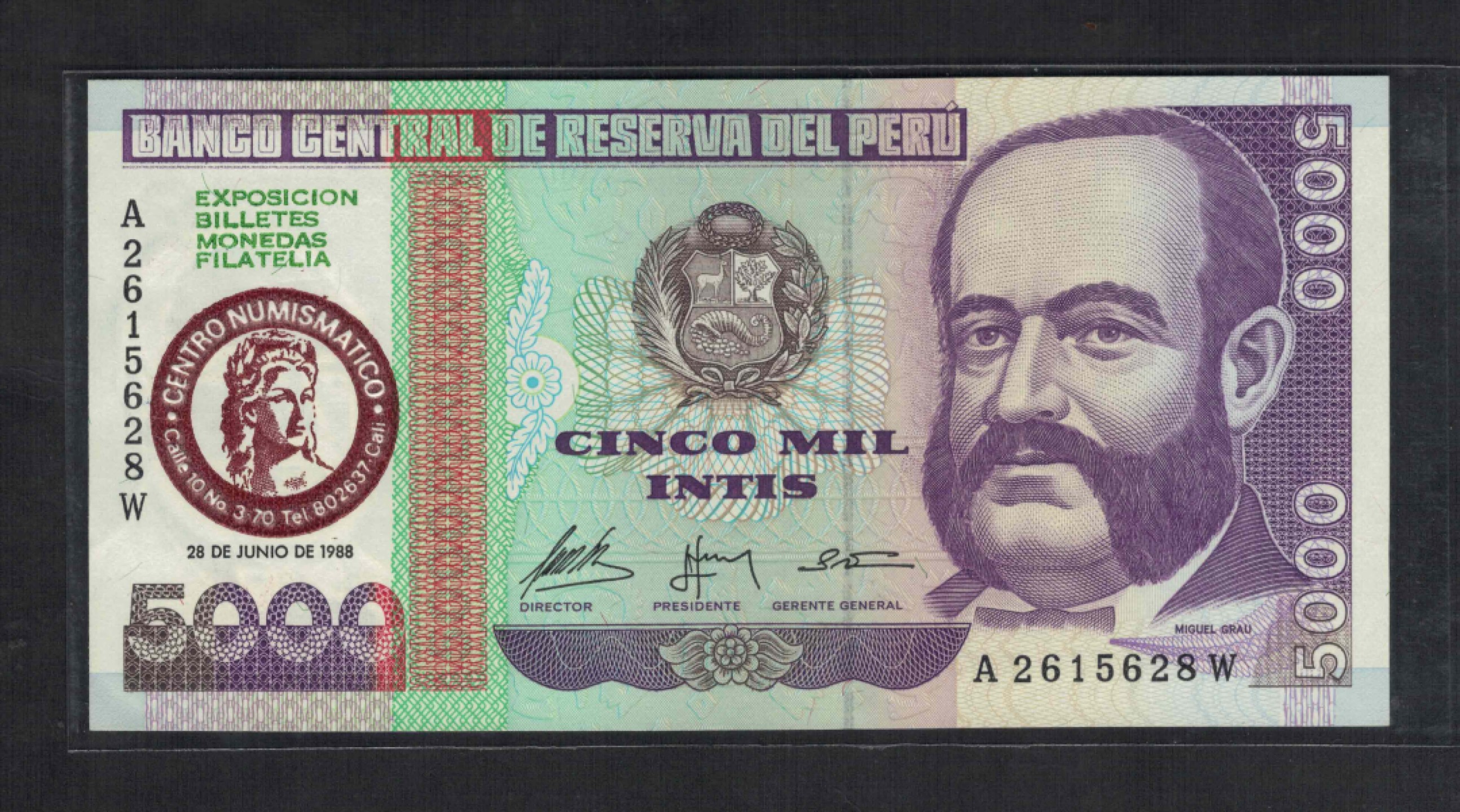 秘鲁5000印蒂 用1988年版加盖发行 纪念钞 无47 稀少 美洲纸币 实物图 UNC
