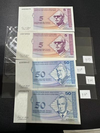 《外钞收藏家》第二百四十八期（波黑、阿尔巴尼亚、希腊专场） - 波黑5马克、50芬尼克族版、塞族版各一对	P57/58/61/62  全新UNC
