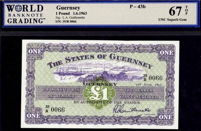 【Blue Auction】✨世界纸币精拍第299期【精】 - 【冠军分少见 0066小号倒置号】根西 1963年1镑 WBG严评67EPQ 品质保障 设计精美 顶级高分