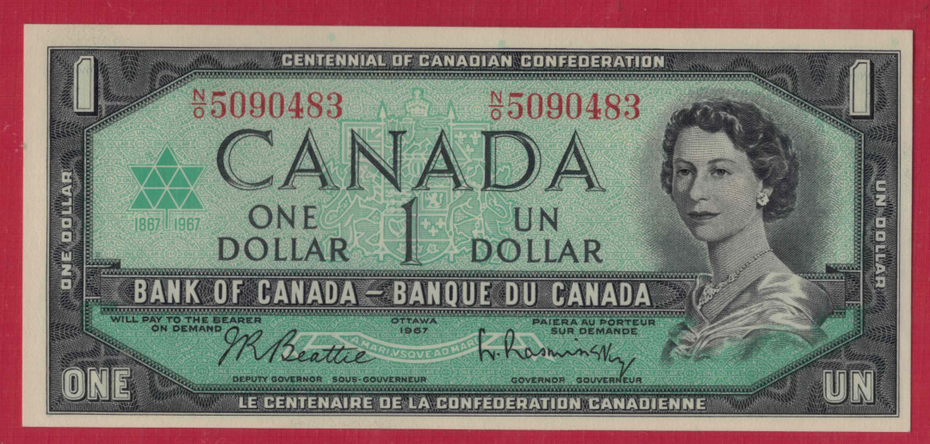 加拿大1元 1967年 联邦100年纪念钞 P-84b 带编号 美洲纸币 实物图 UNC