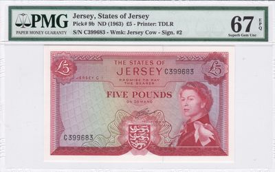 收藏联盟Quantum Auction 第238期拍卖 - 泽西岛1963年5镑 PMG67