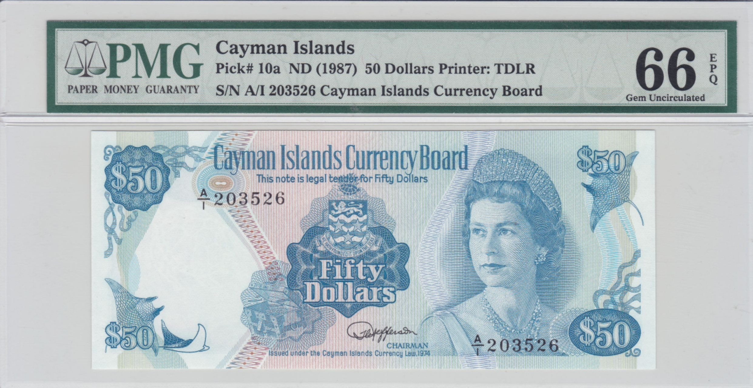 收藏联盟Quantum Auction 第238期拍卖 开曼群岛1987年50元 PMG66 首发A/1冠