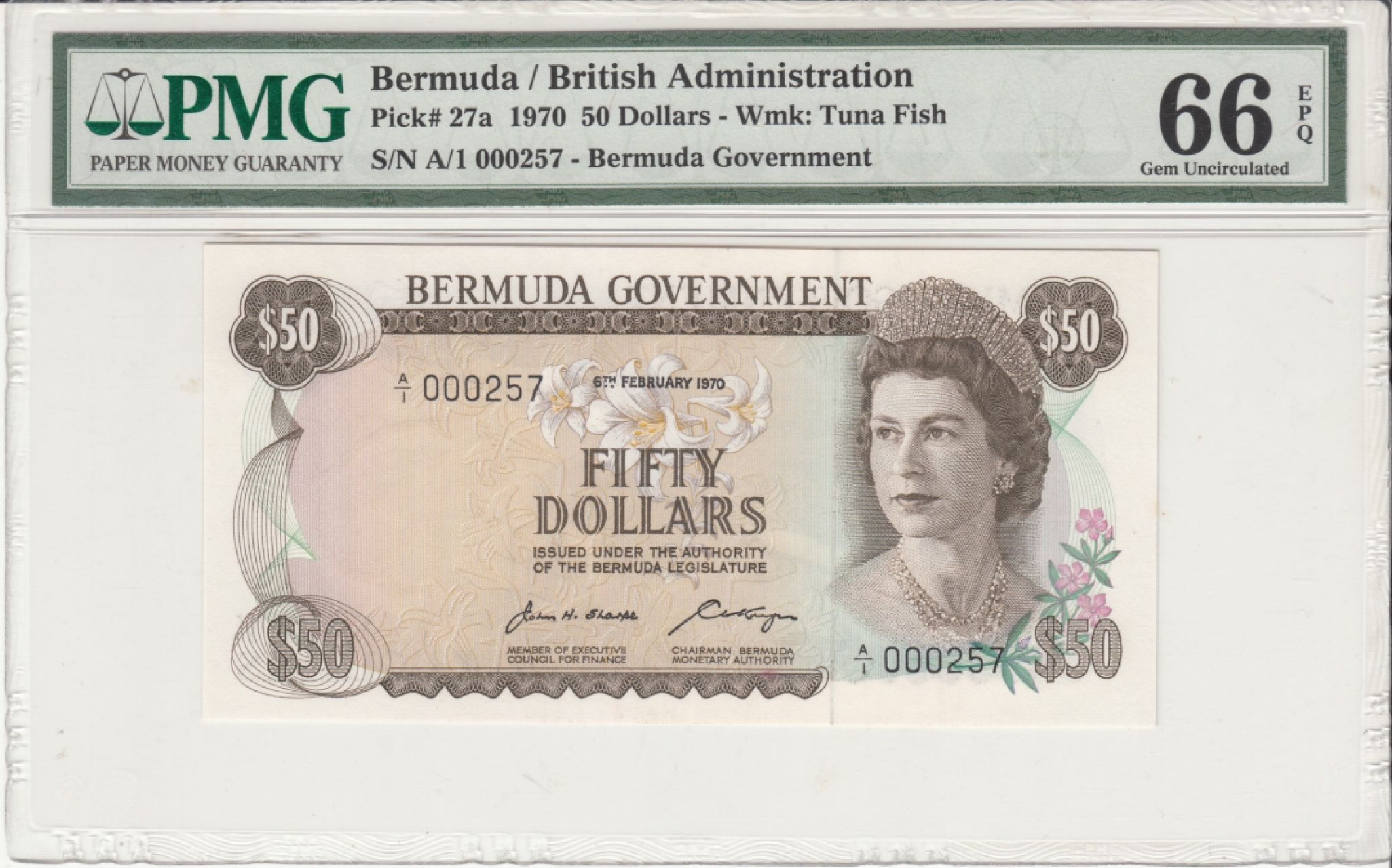 收藏联盟Quantum Auction 第238期拍卖 百慕大群岛1970年50元 PMG66 首发A/1冠百位号