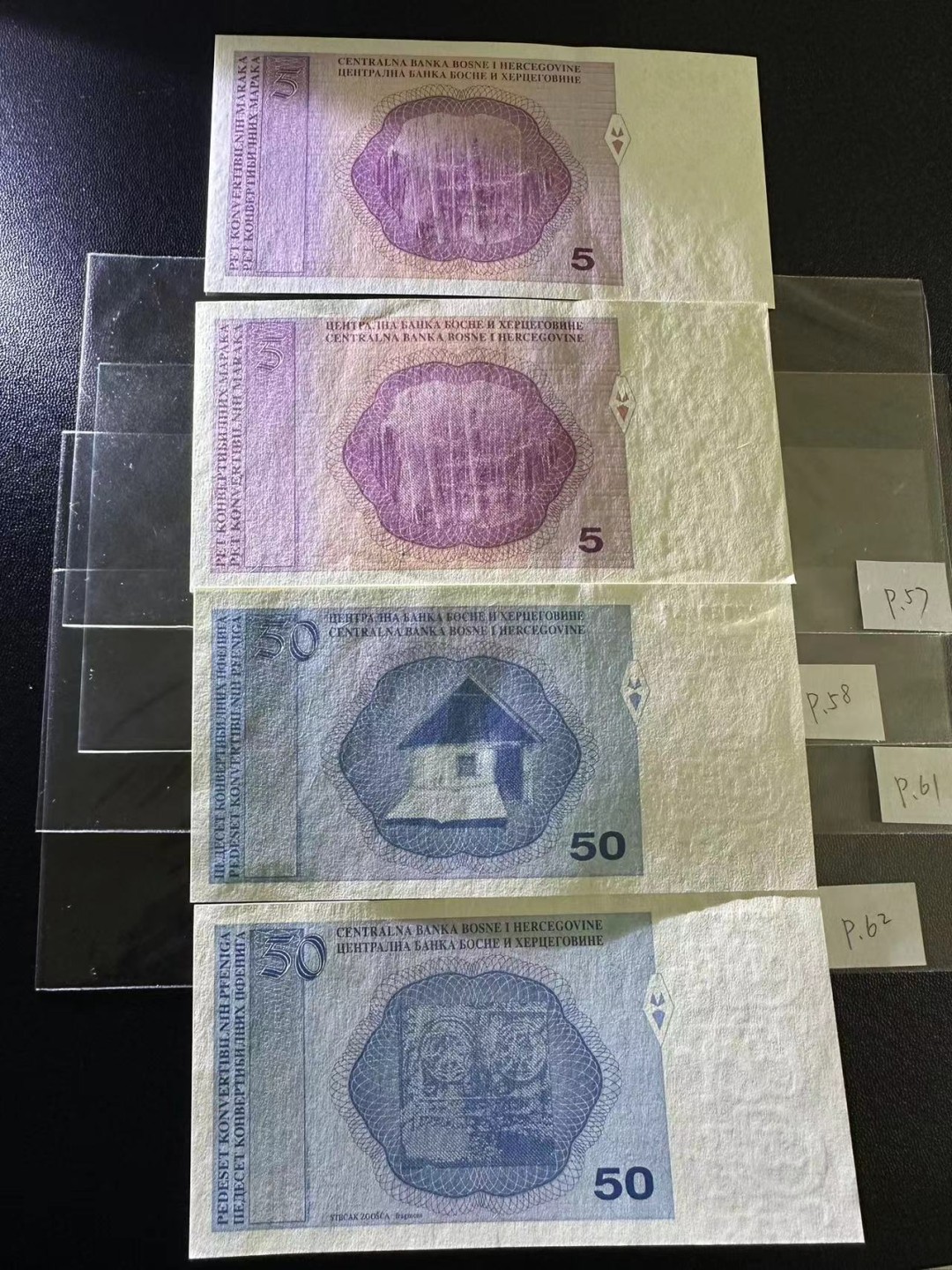 《外钞收藏家》第二百四十八期（波黑、阿尔巴尼亚、希腊专场） 波黑5马克、50芬尼克族版、塞族版各一对	P57/58/61/62  全新UNC