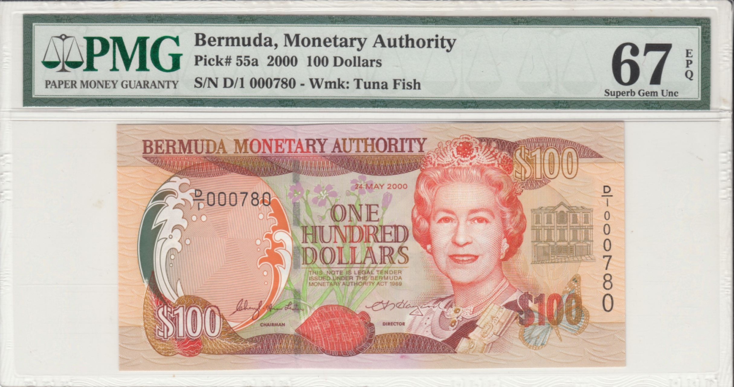 收藏联盟Quantum Auction 第238期拍卖 百慕大2000年100元   PMG67 百位号 议会大厦