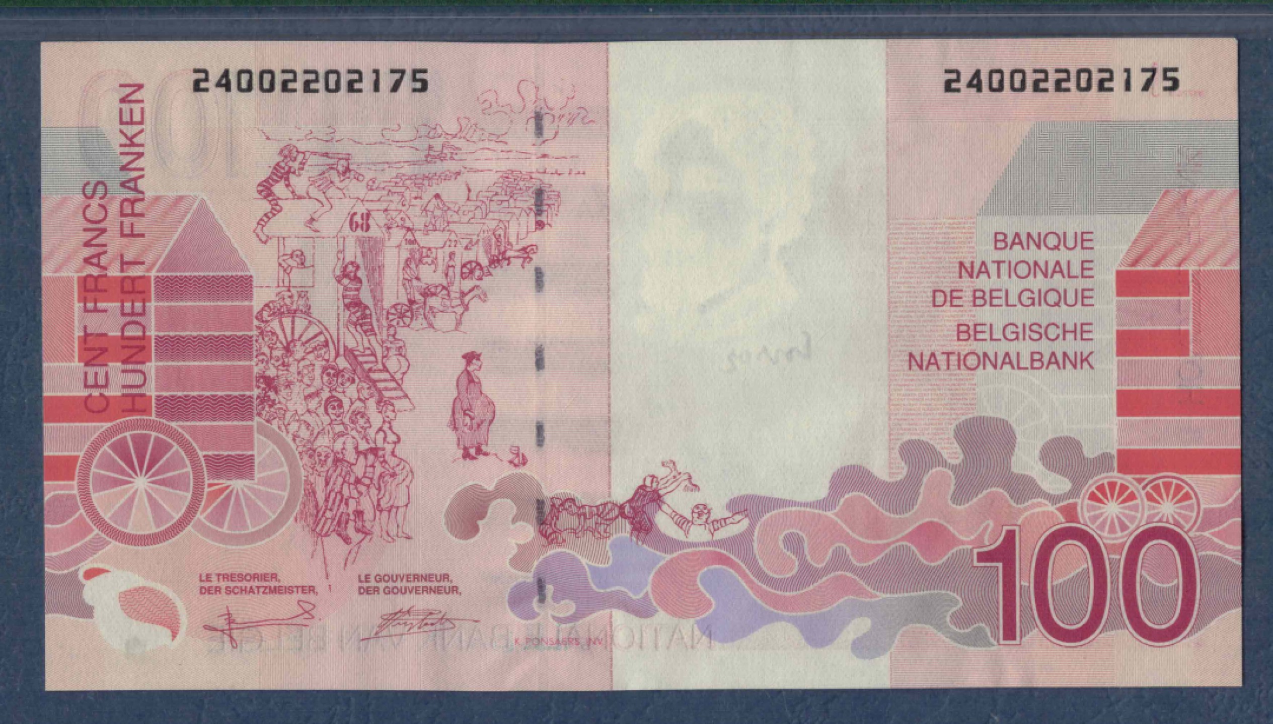 比利时100法郎 1995年至2001年 P-147 欧洲纸币 实物图 UNC