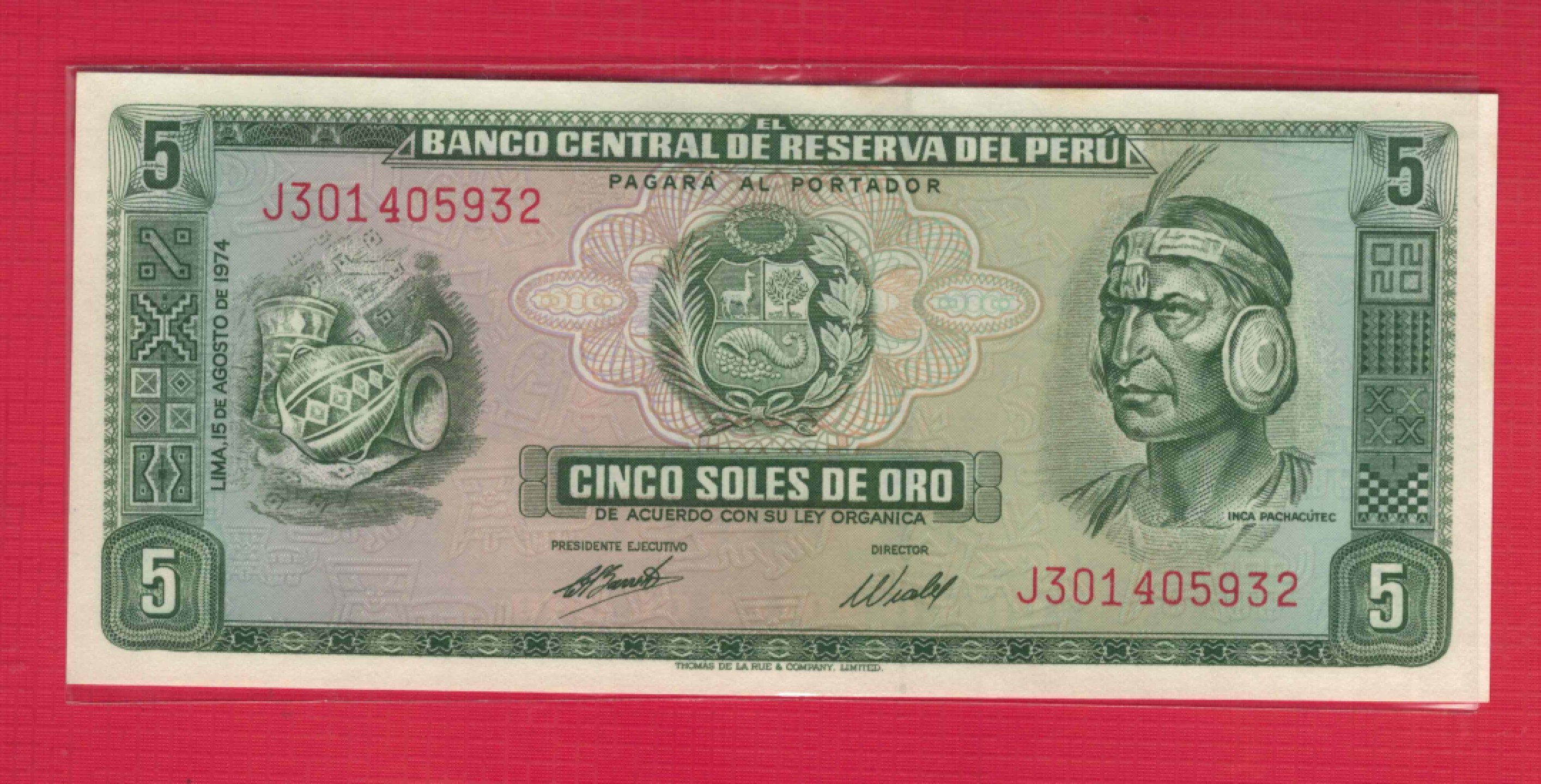 秘鲁5沙奥 1974年 美洲纸币 实物图 UNC
