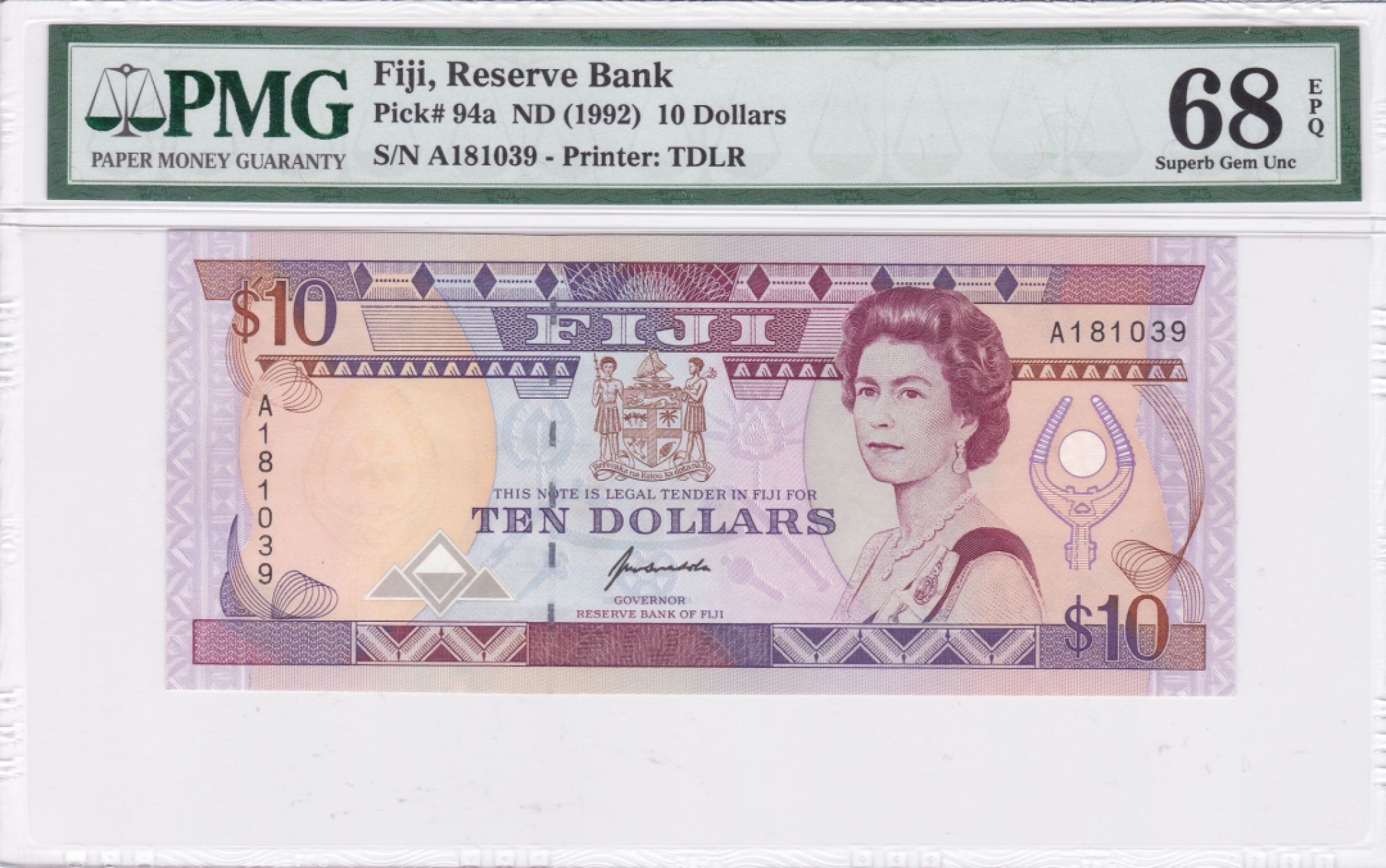 收藏联盟Quantum Auction 第238期拍卖 斐济群岛1992年10元 PMG68 高分稀少