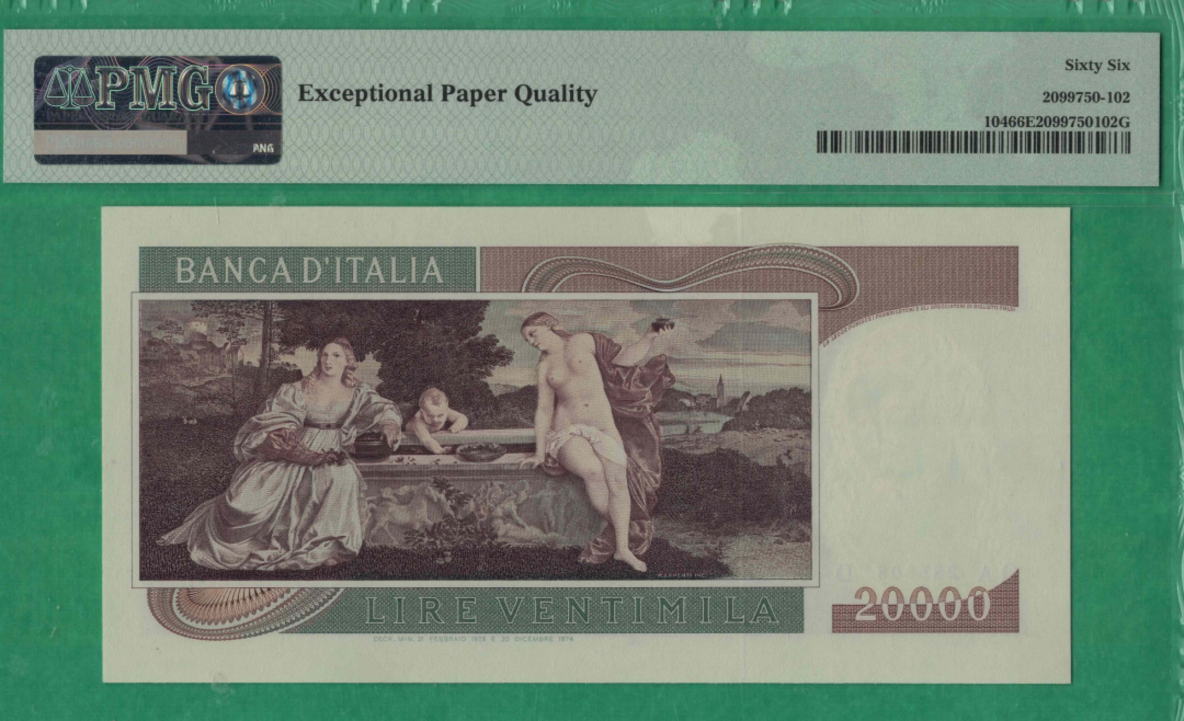 意大利1975年20000里拉 P-104 号码无347 尾8 欧洲纸币 实物图 UNC