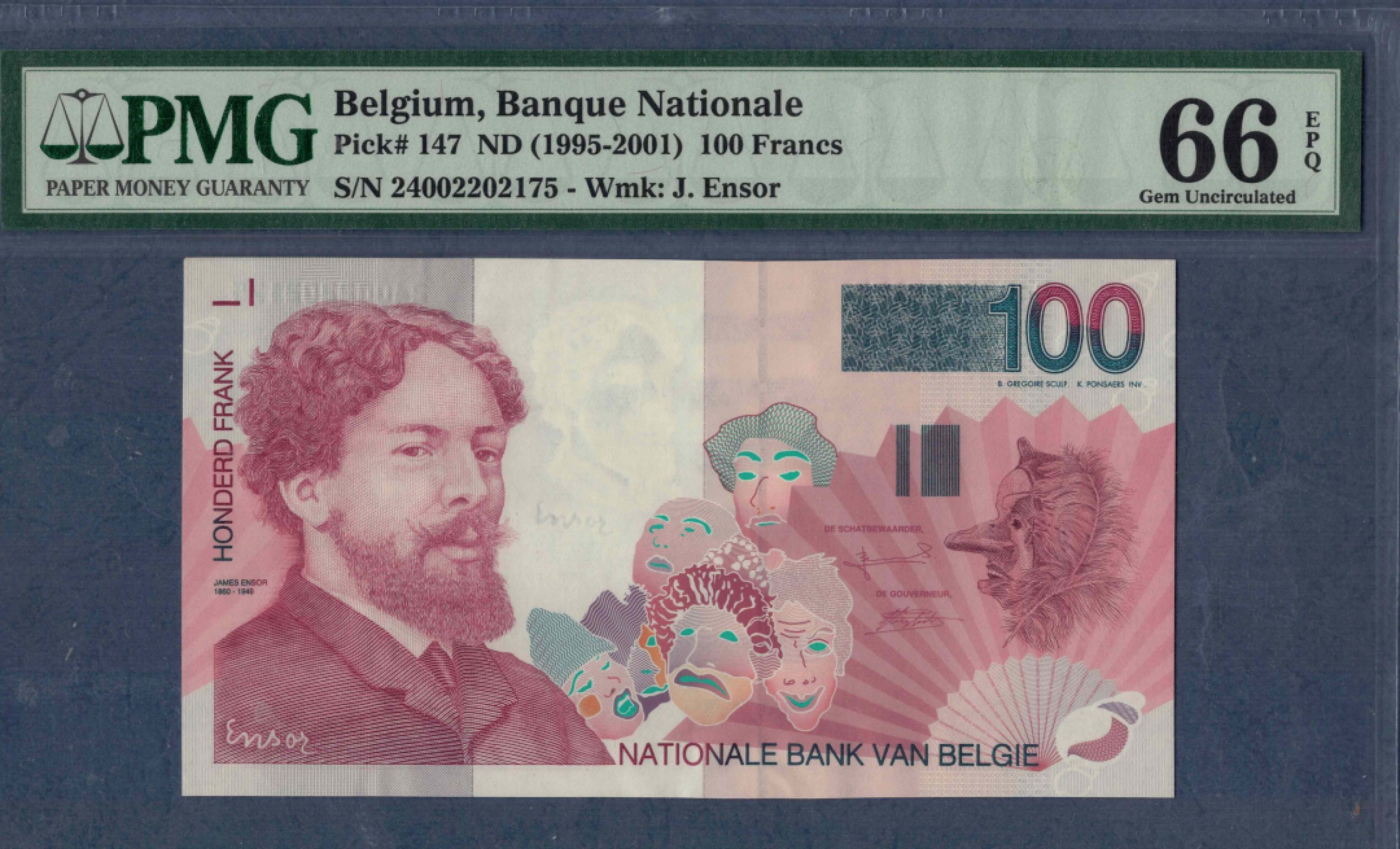 比利时100法郎 1995年至2001年 P-147 欧洲纸币 实物图 UNC