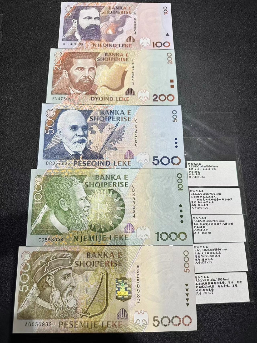 《外钞收藏家》第二百四十八期（波黑、阿尔巴尼亚、希腊专场） 阿尔巴尼亚1996年全套5枚，100-5000列克	P62-66  全新UNC