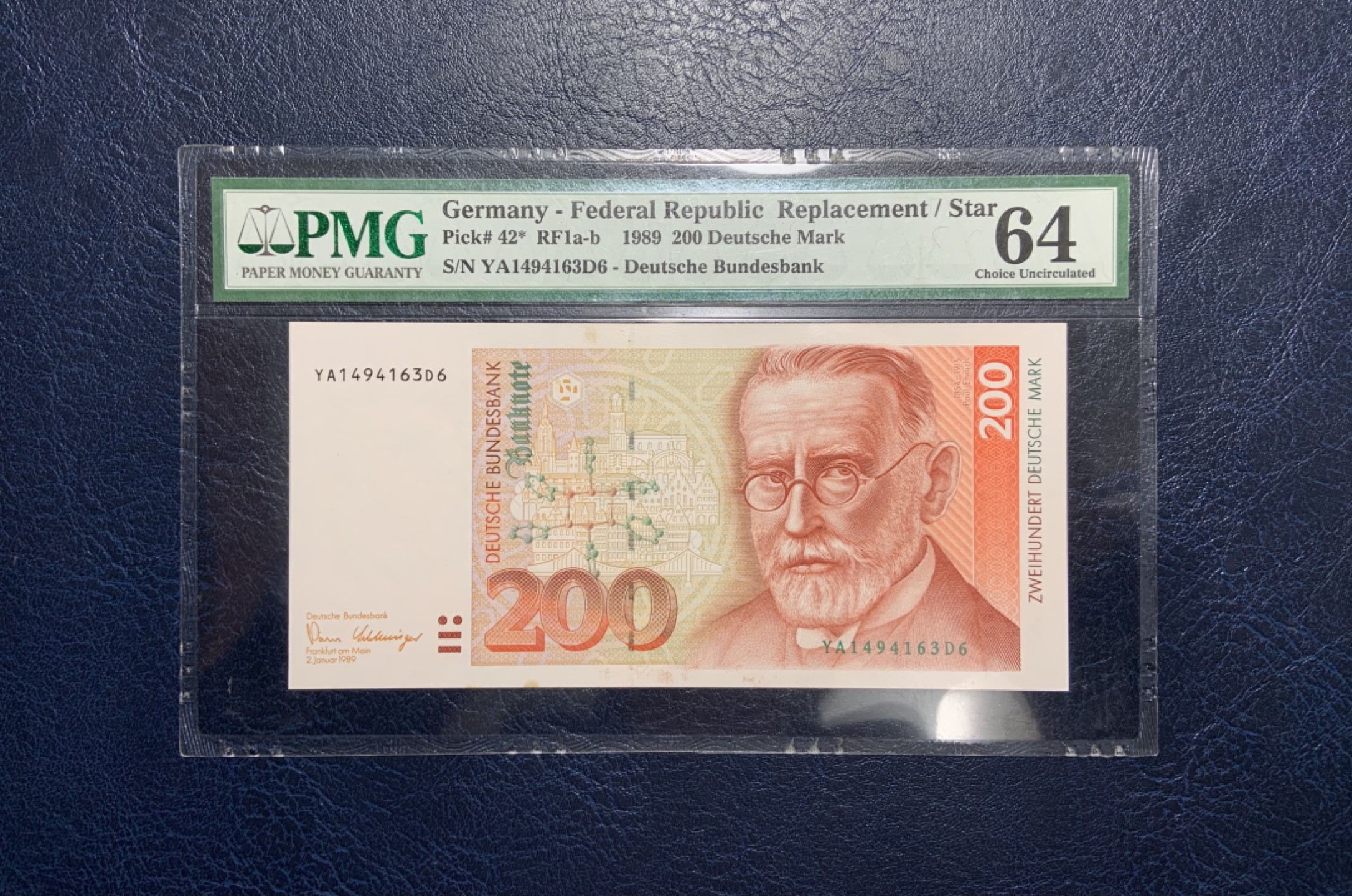收藏联盟Quantum Auction 第238期拍卖 德国1989年200马克 PMG64 补号 梅毒特效药666的发现者 艾尔利