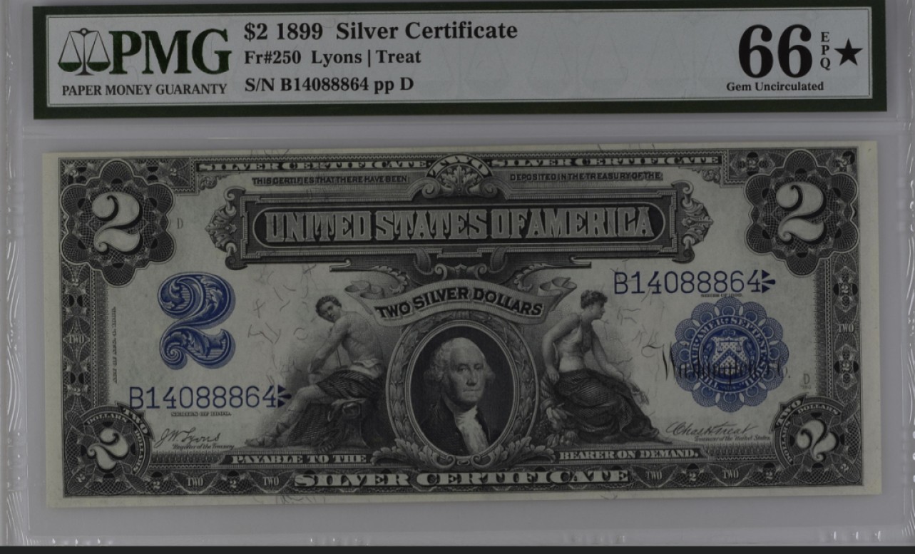 收藏联盟Quantum Auction 第238期拍卖 美国1899年2美元银币券 PMG66加星 内夹豹子号888