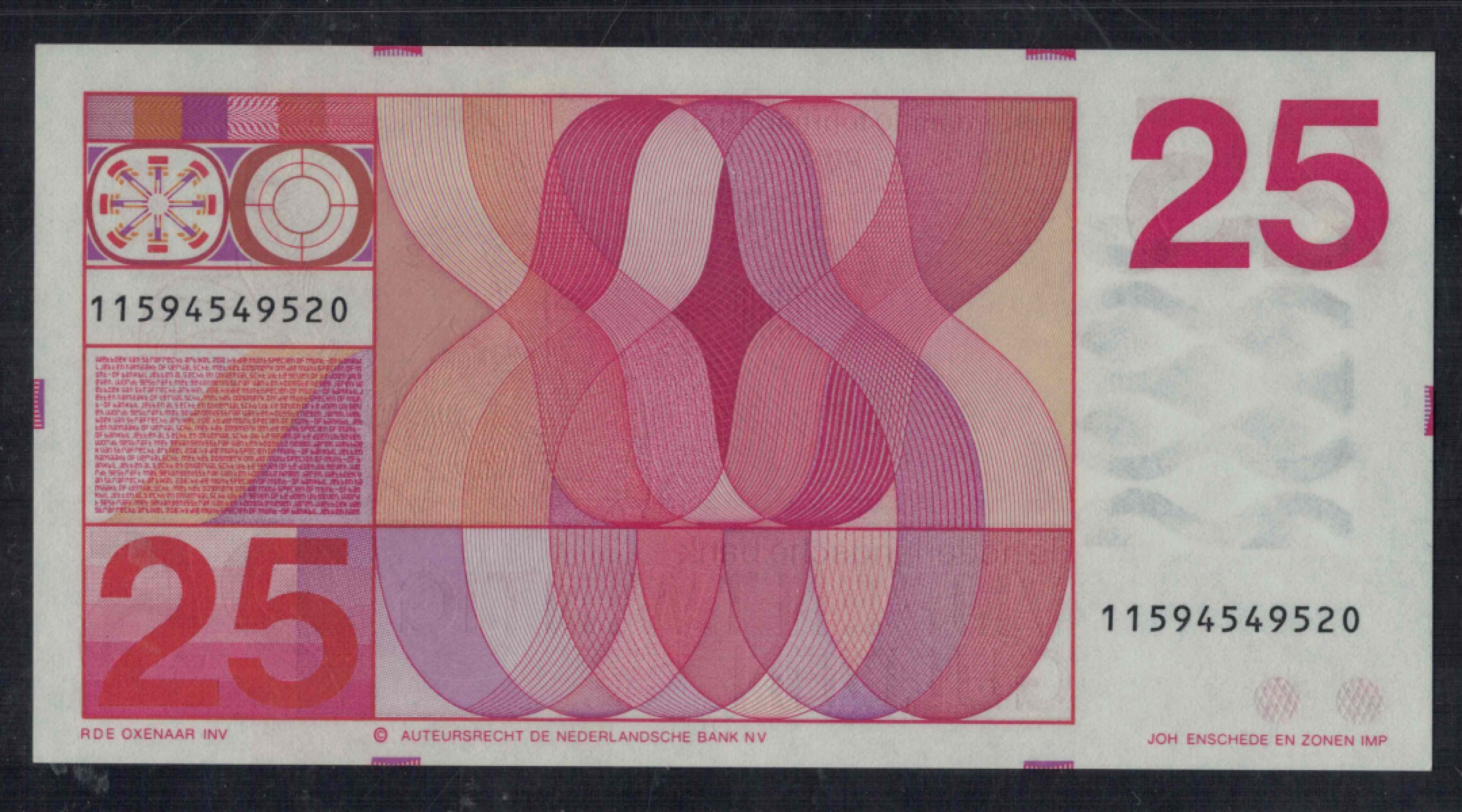 荷兰25盾 1971年 P-92b 11位数字 克劳斯P-92 欧洲纸币 实物如图 UNC