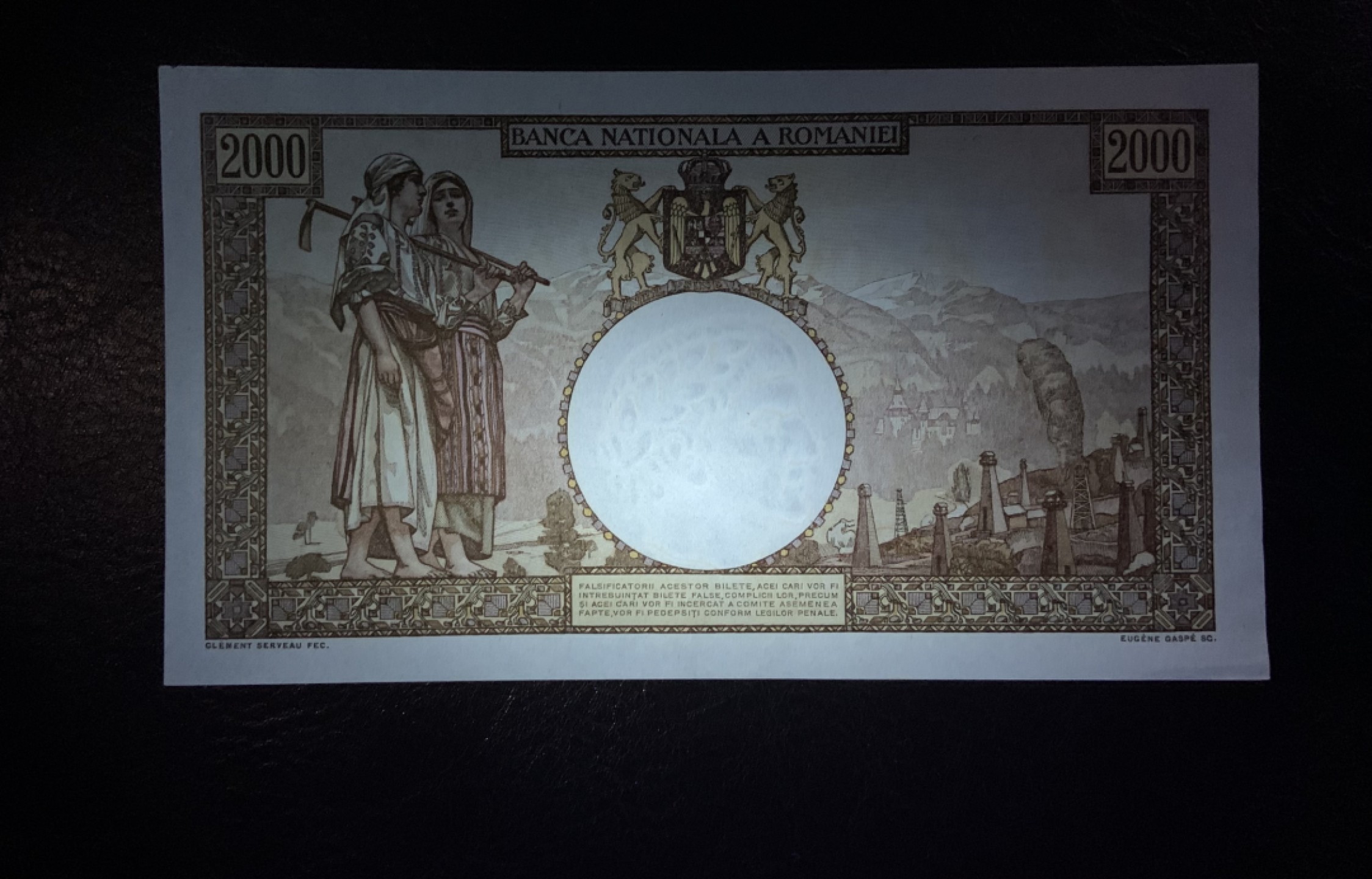 收藏联盟Quantum Auction 第238期拍卖 罗马尼亚1941年2000列伊 品相UNC- 大票幅 法属风格