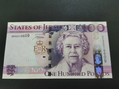 Immortal auction 第三拍，春暖花开 - JERSEY100镑，女王纪念钞，倒置号（无47），全新Unc